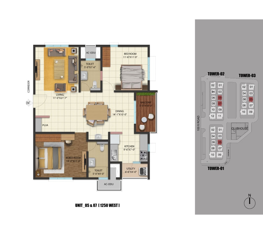 3 BHK 1480 West Facing Floor Plan in Luxury Apartments