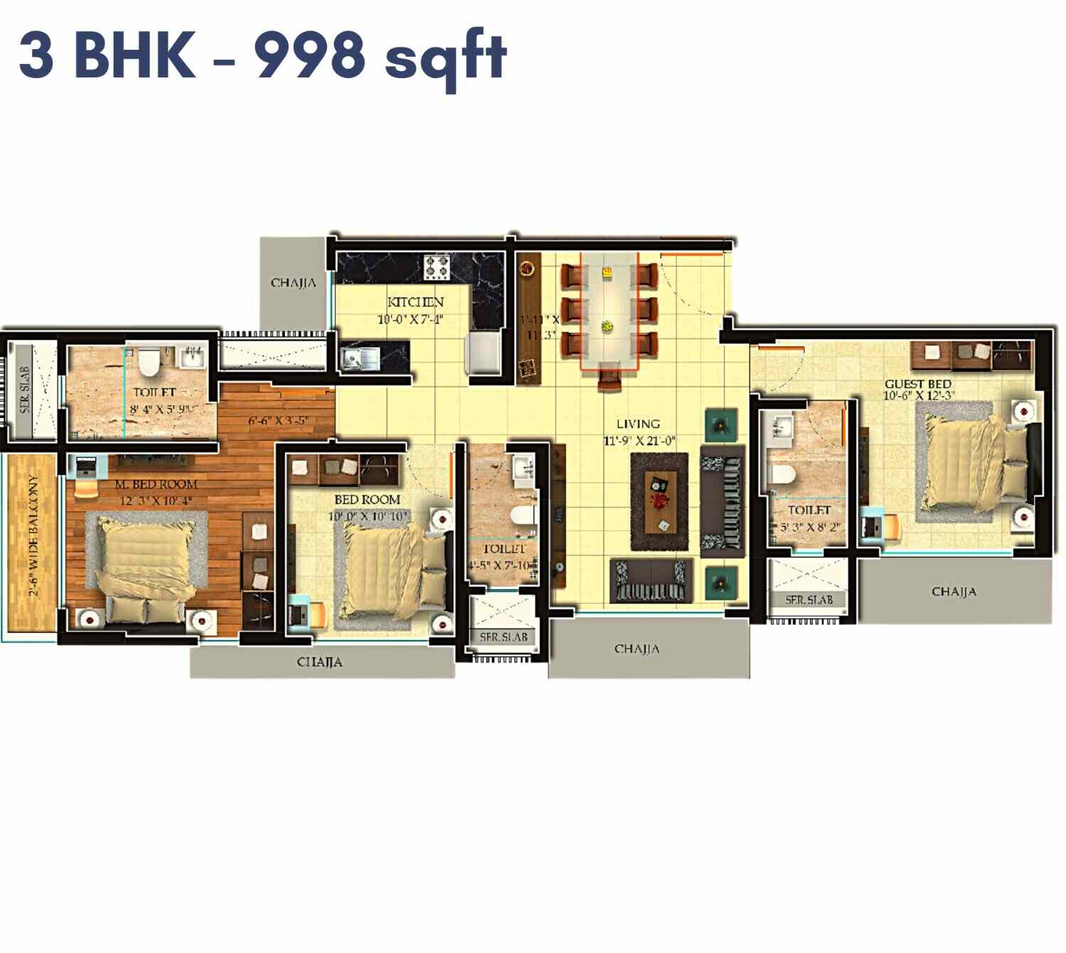 Ghodawat Skystar Floor Plan 3 BHK 998