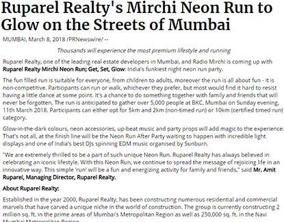 Ruparel Realty, one of the leading real estate developers in Mumbai, and Radio Mirchi is coming up with Ruparel Realty Mirchi Neon Run; Get, Set, Glow: India's funkiest night neon run party
