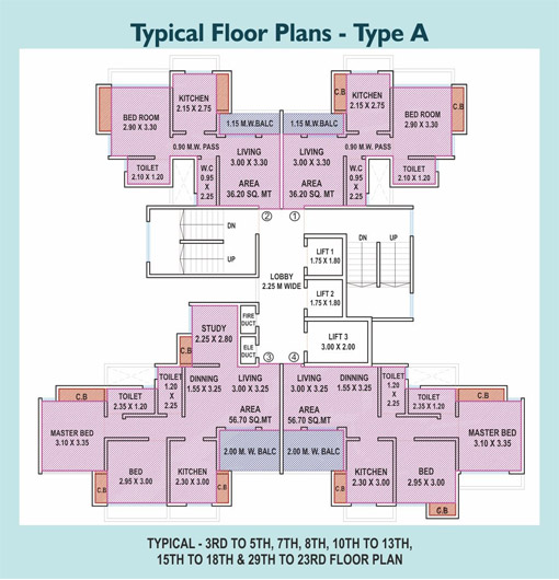Typical - 3rd to 5th, 7th, 8th, 10th to 13th, 15th to 18th & 29th to 23rd Floor Plan