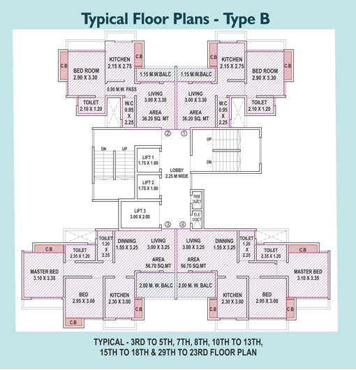 Typical - 3rd to 5th, 7th, 8th, 10th to 13th, 15th to 18th & 29th to 23rd Floor Plan